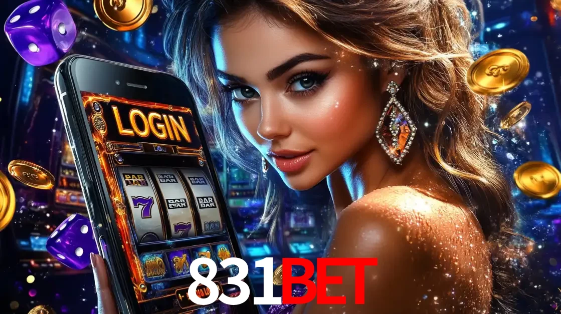 Mulher glamorosa segurando um smartphone com a tela de login para os jogos de caça-níqueis do cassino online 831bet, com moedas de ouro e dados ao redor.
