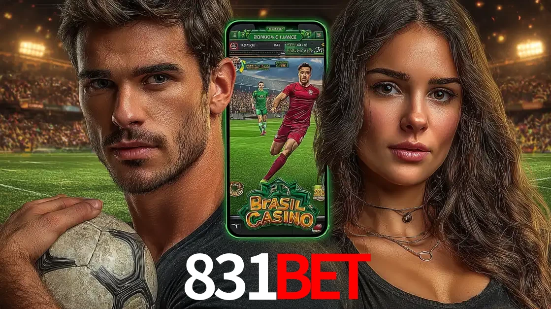 Homem segurando uma bola de futebol e uma mulher ao lado de um smartphone exibindo o jogo de apostas esportivas da 831bet. Faça seu palpite no cassino online.